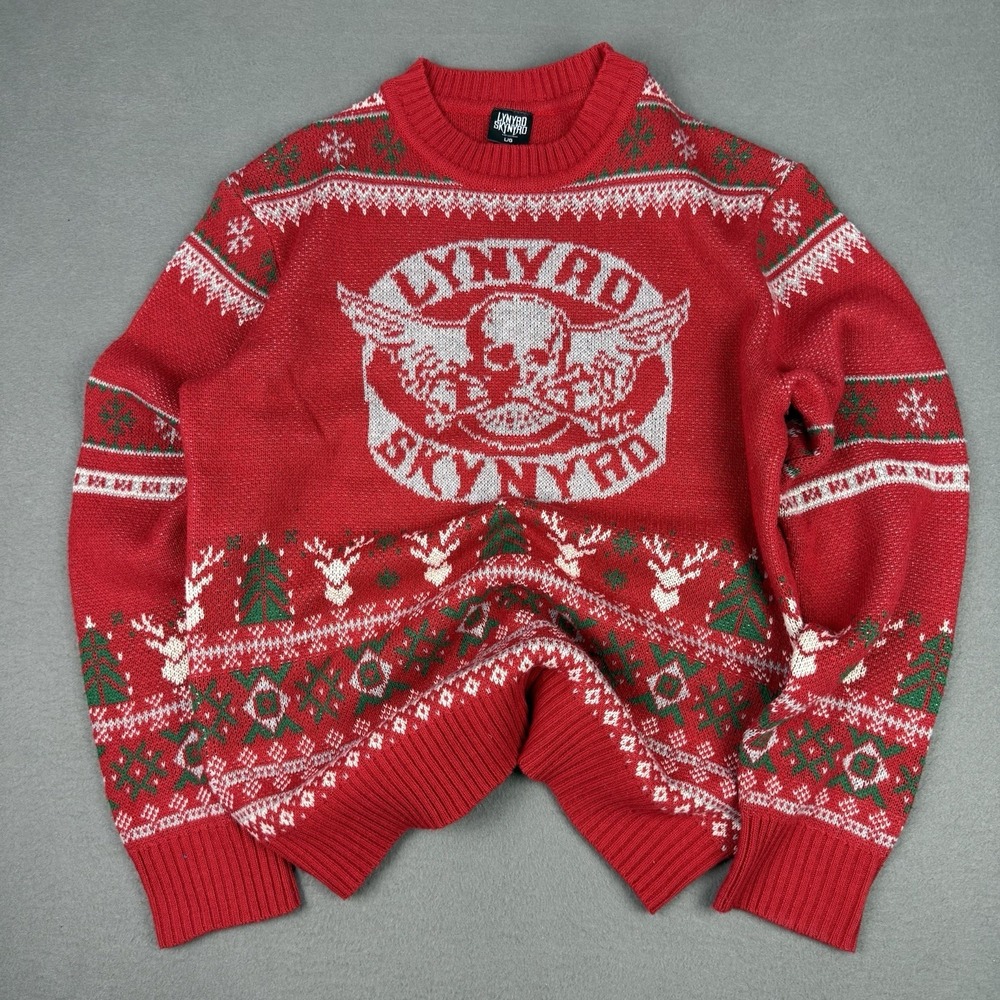 Lynyrd Skynyrd Christmas Sweater Mens Large Red Skull Jumper Xmas